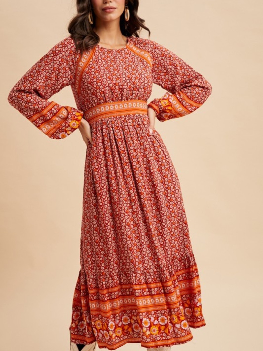 BORDER PRINT MIDI DRESS